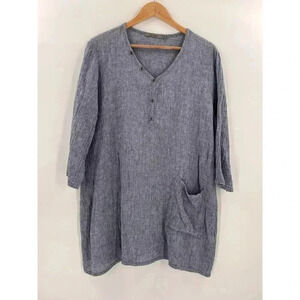 Beau Jours Blue V Neck Linen Blend Tunic Top With Pocket Size Medium Made in USA